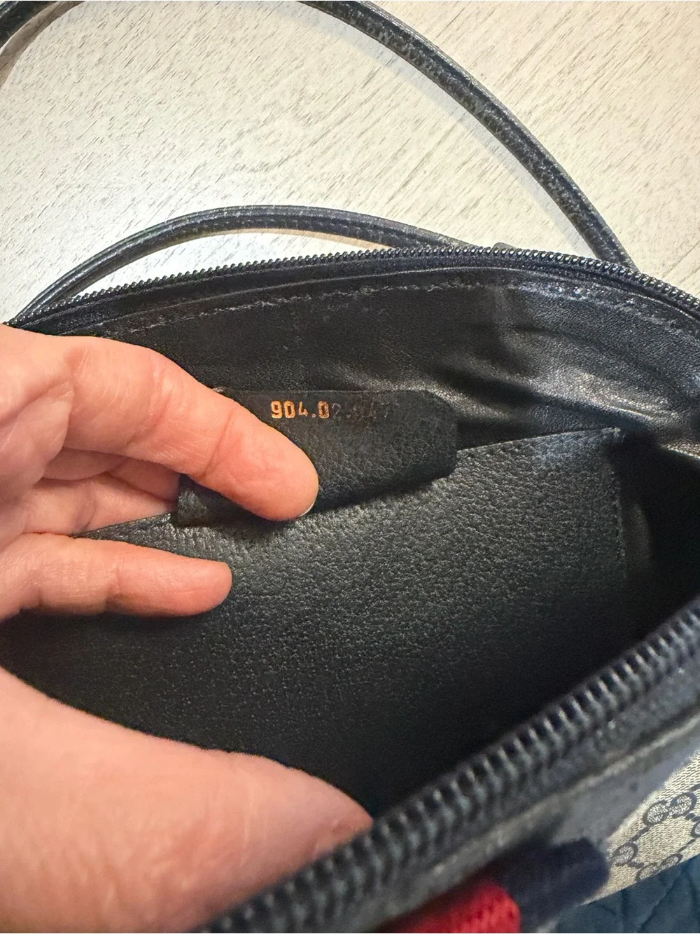 Gucci Beige Navy Monogram Crossbody with Red Web Stripe